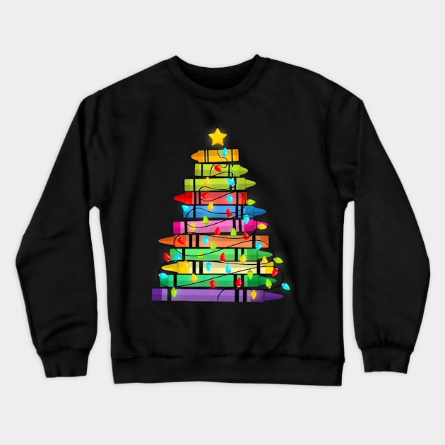 Teacher Crayon Christmas Tree Lights Student School Xmas Crewneck Sweatshirt by rivkazachariah